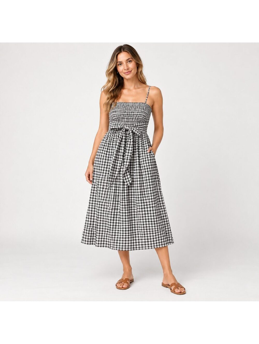 Vince Gingham Cotton Silk Smocked Tie Waist Maxi Dress Black White L